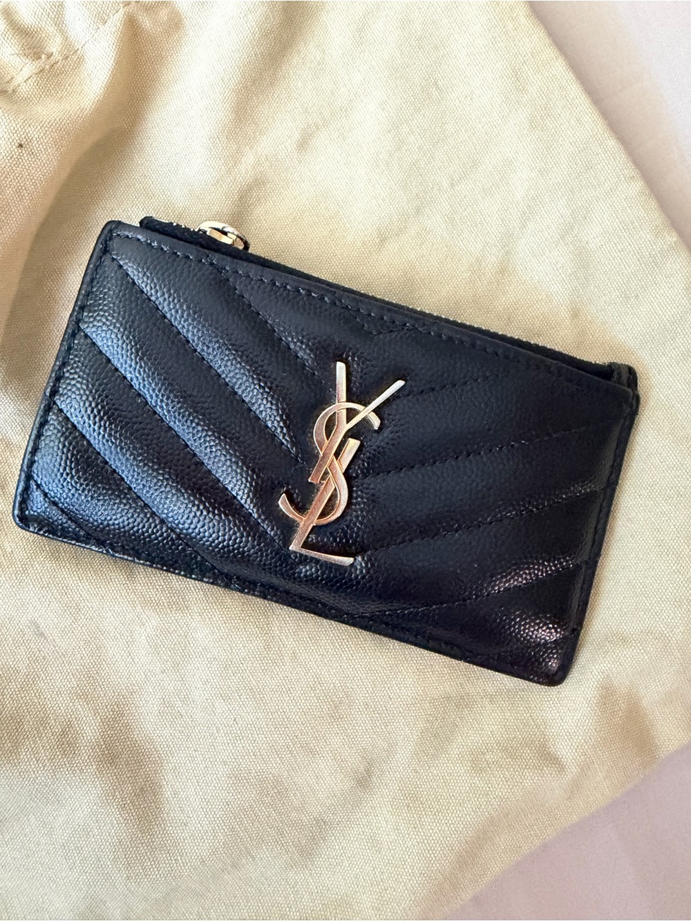 Authentic Saint Laurent Black Quilted Leather Card Holder with Gold hardware